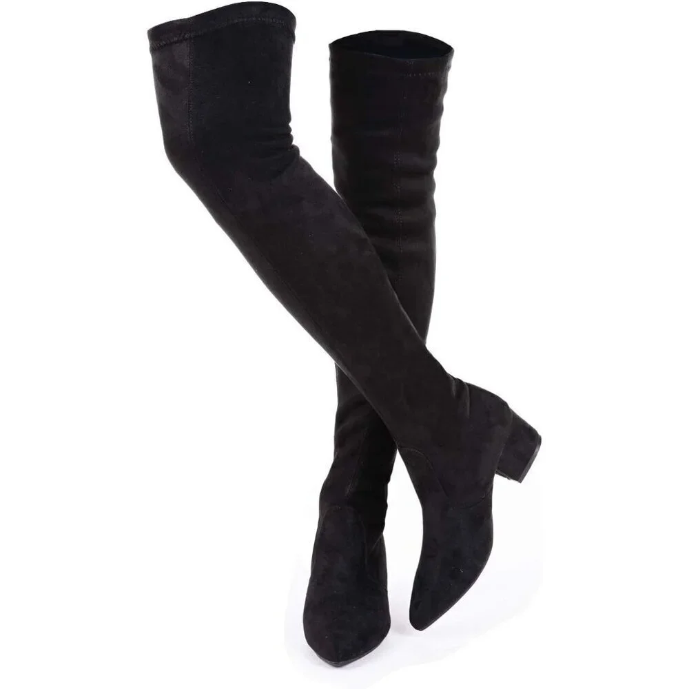 Women Black 2 Inch Over the Knee Thigh High Suede Block Long Pointed toe Boots